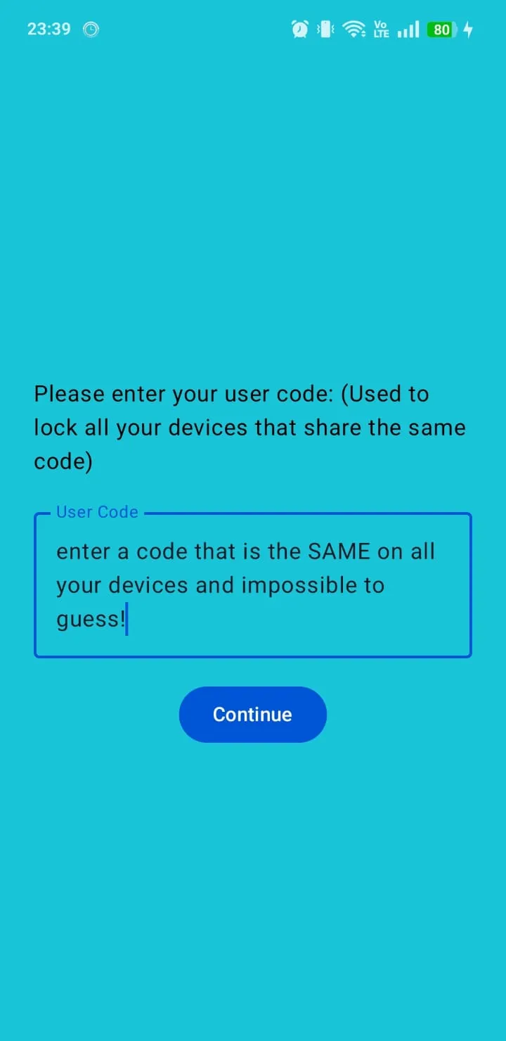 Screenshot der App Lock My Devices: Installieren und einen Code eingeben
